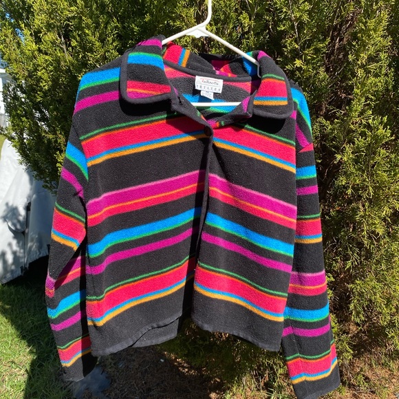 Talbots Petite Medium Button Up Sweater/Jacket Black & Rainbow Stripes Y2K - Picture 2 of 4